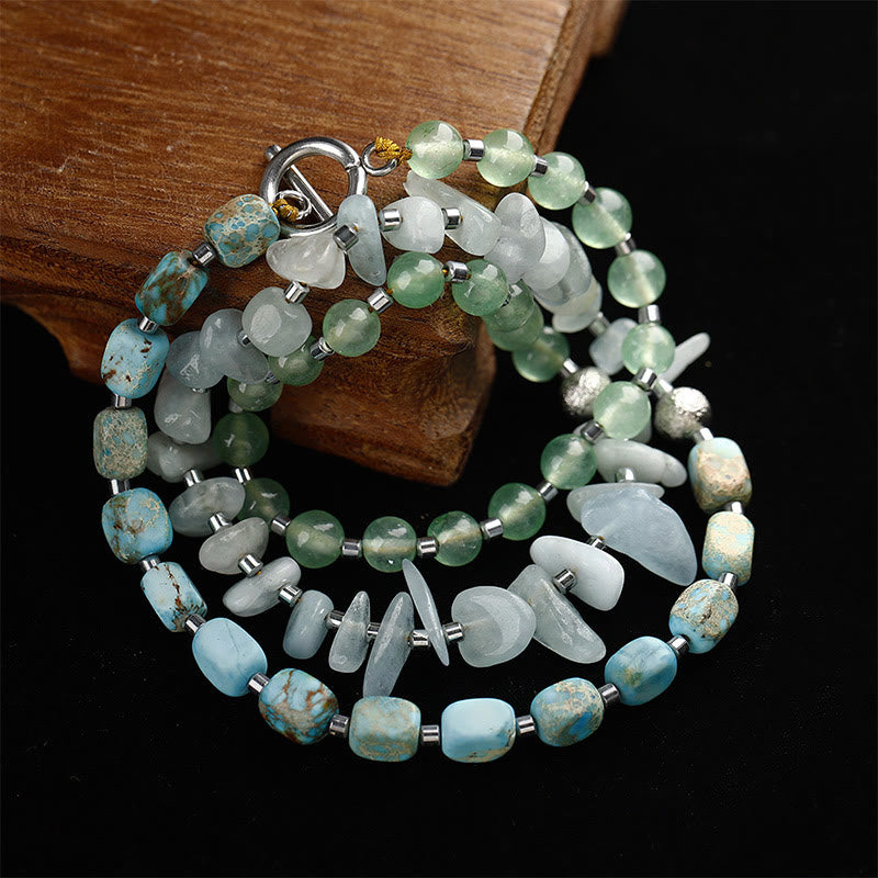 Triple Wrap Green Aventurine Bracelet with Aquamarine and Emperor Stone for Happiness