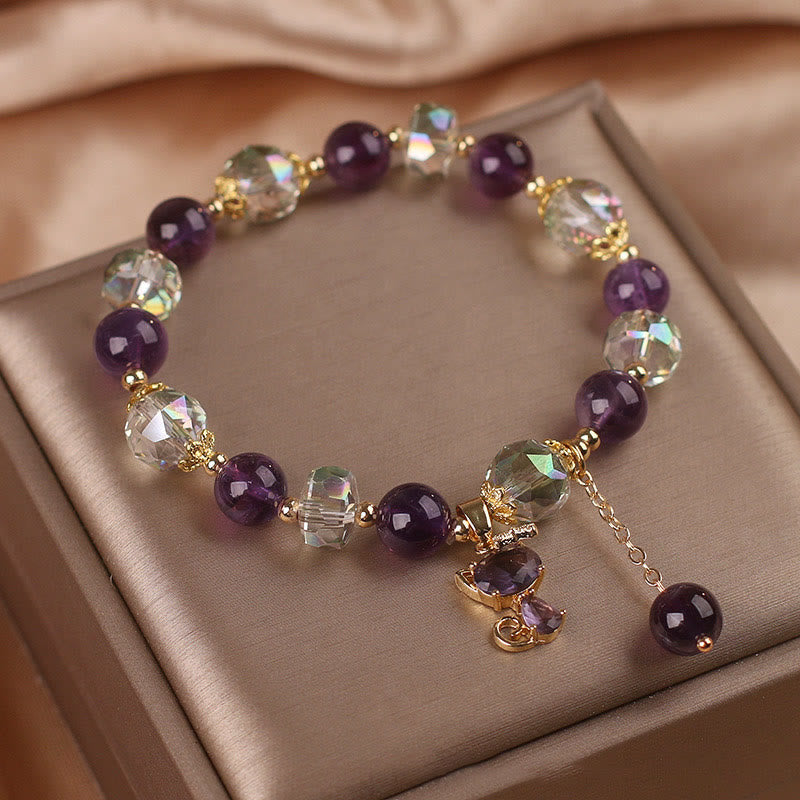 Meditationsarmband aus weißem Amethystkristall mit Fuchs-Anhänger