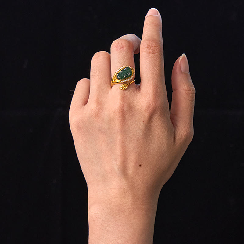 Adjustable Copper Gold Jade Leaf Ring for Prosperity