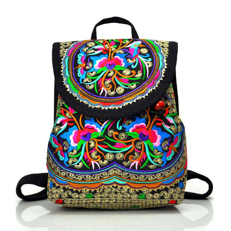 Canvas Backpack with Peony & Chinese Money Tree Embroidery - Prosperity Symbol