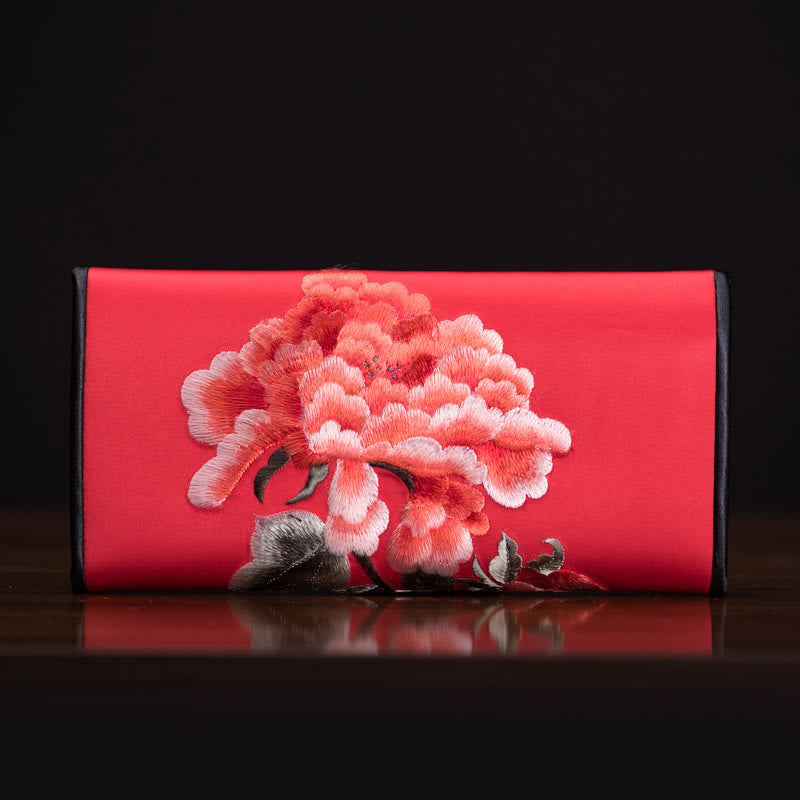 Peony Flower Embroidered Long Purse Handbag 20x10cm