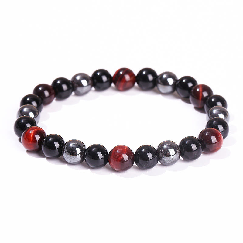 8mm Mens Yellow Tiger Eye Obsidian Hematite Bracelet for Protection