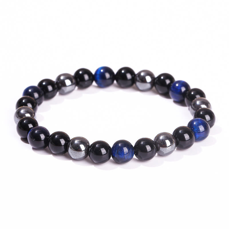 8mm Mens Yellow Tiger Eye Obsidian Hematite Bracelet for Protection