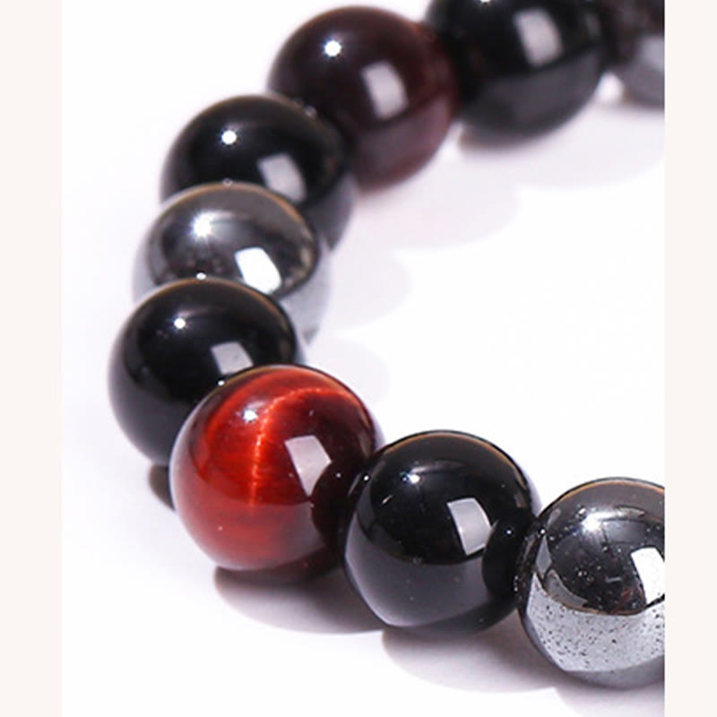 8mm Mens Yellow Tiger Eye Obsidian Hematite Bracelet for Protection