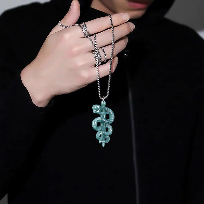 Sterling Silver Jade Snake Sword Necklace for Luck & Protection