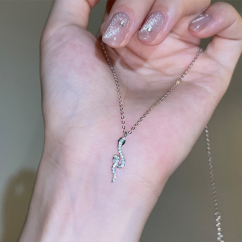 925 Sterling Silver Chinese Zodiac Snake Necklace with Green Eyes for Protection