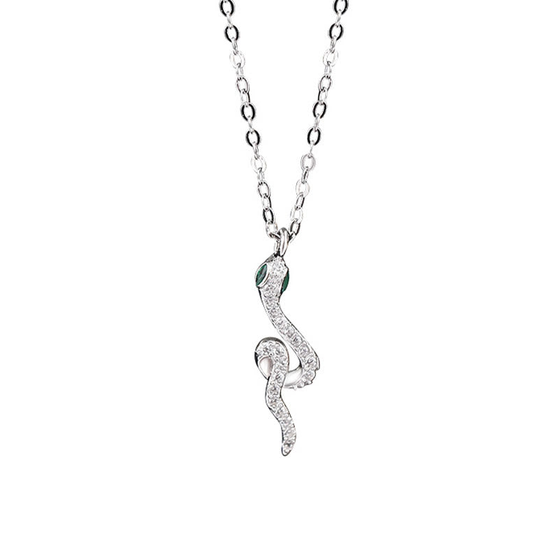 925 Sterling Silver Chinese Zodiac Snake Necklace with Green Eyes for Protection
