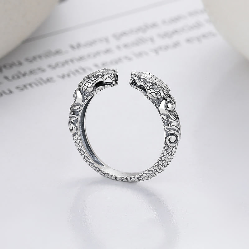Adjustable Sterling Silver Two-Headed Snake Open Ring