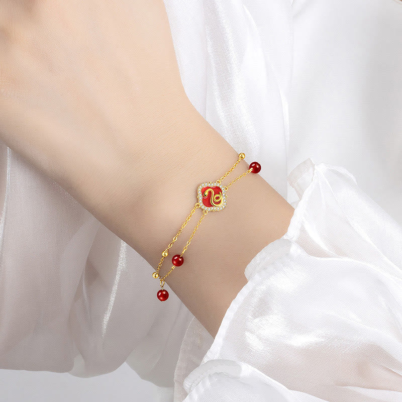 Red Agate Sterling Silver Snake Luck Bracelet