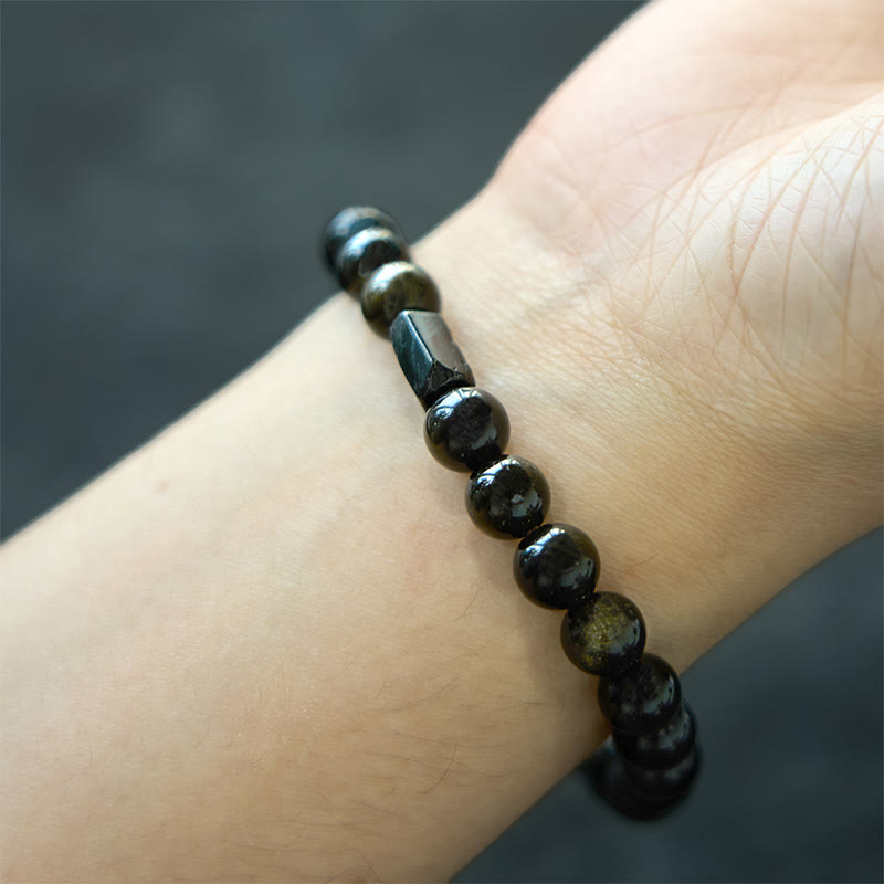 8mm Gold Sheen Obsidian Black Tourmaline Wealth Bracelet 14cm