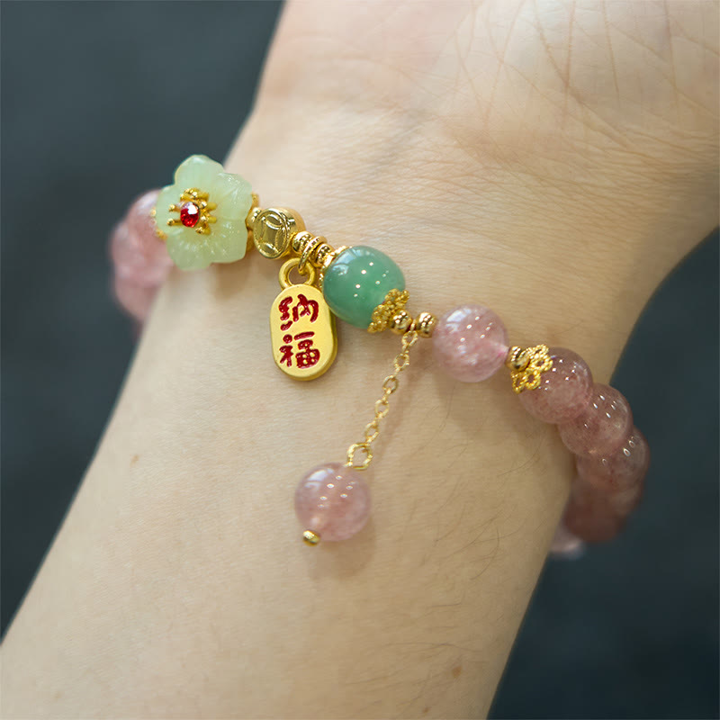 8mm Strawberry Quartz Blessing Bracelet with Fu Character
