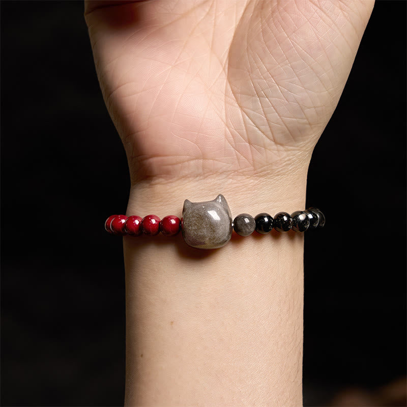 Black Obsidian Cinnabar Cat Fulfilment Bracelet - 14-16cm