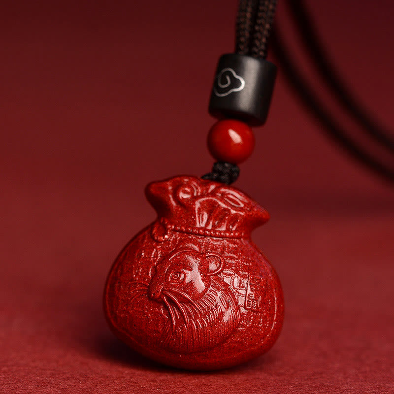 Cinnabar Chinese Zodiac Money Bag Necklace for Calm & Prosperity