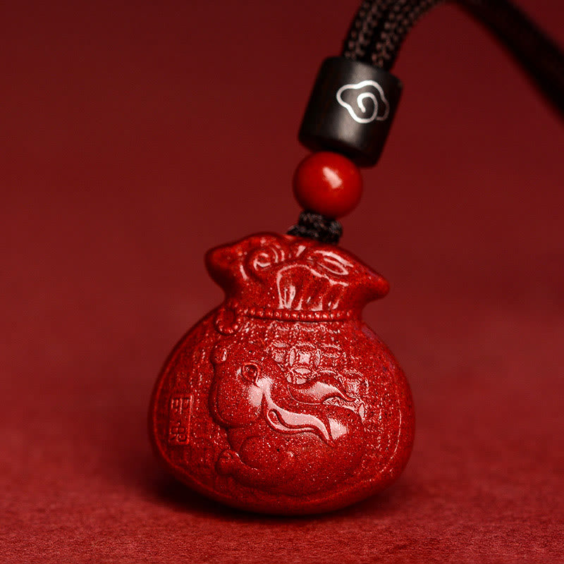 Cinnabar Chinese Zodiac Money Bag Necklace for Calm & Prosperity