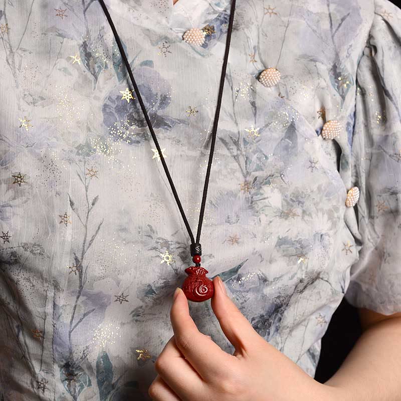 Cinnabar Chinese Zodiac Money Bag Necklace for Calm & Prosperity