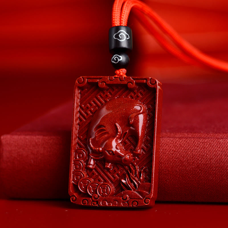 Chinese Zodiac Cinnabar Necklace|Rectangle Pendant Calm Energy