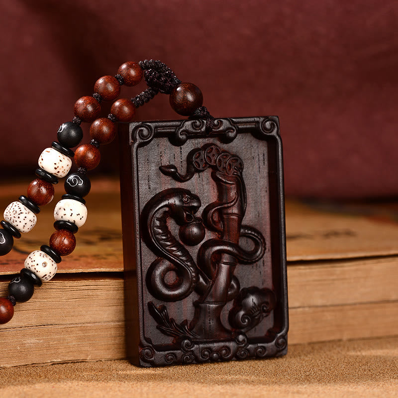 Small Leaf Red Sandalwood Chinese Zodiac Necklace for Calmness
