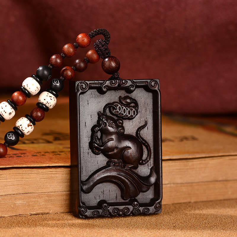 Small Leaf Red Sandalwood Chinese Zodiac Necklace for Calmness