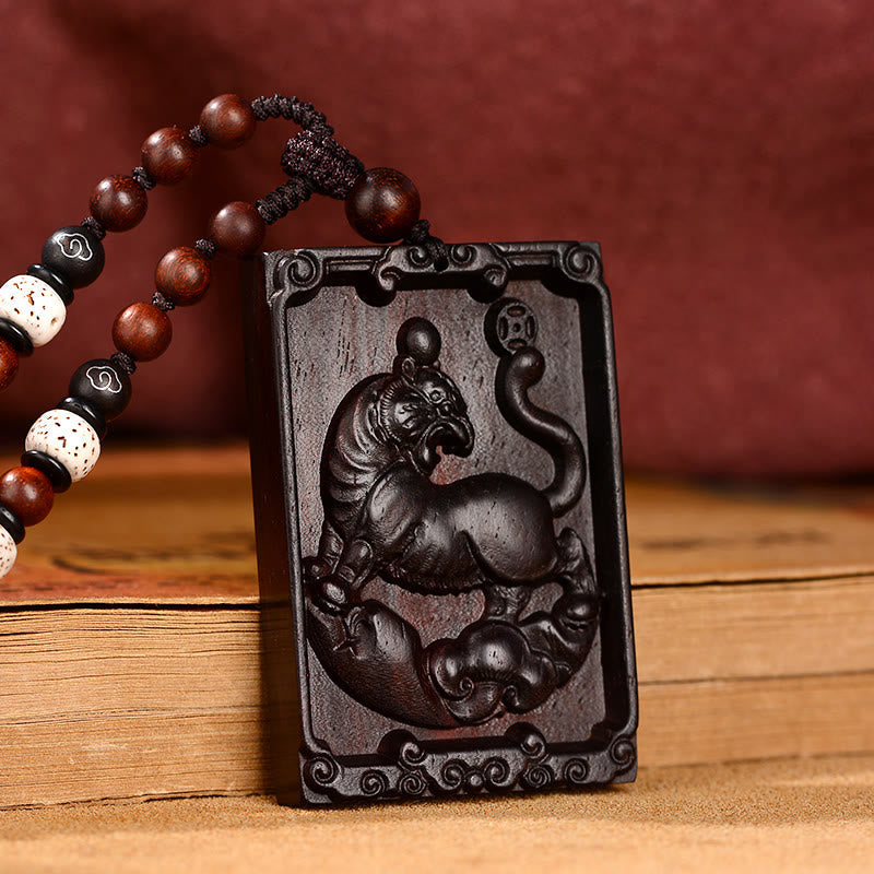 Small Leaf Red Sandalwood Chinese Zodiac Necklace for Calmness