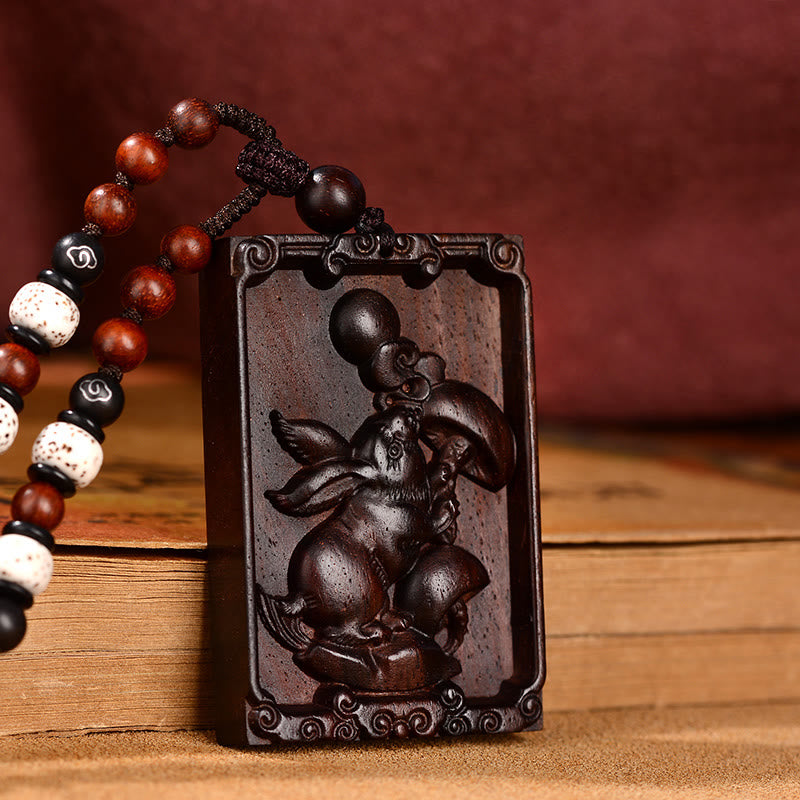 Small Leaf Red Sandalwood Chinese Zodiac Necklace for Calmness