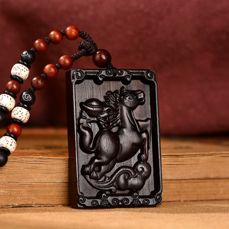Small Leaf Red Sandalwood Chinese Zodiac Necklace for Calmness