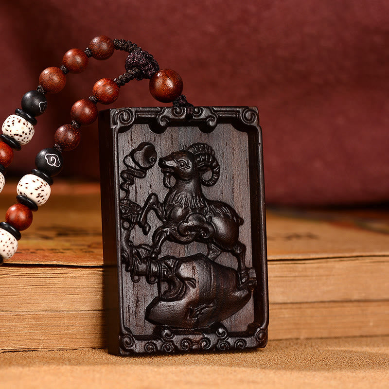 Small Leaf Red Sandalwood Chinese Zodiac Necklace for Calmness