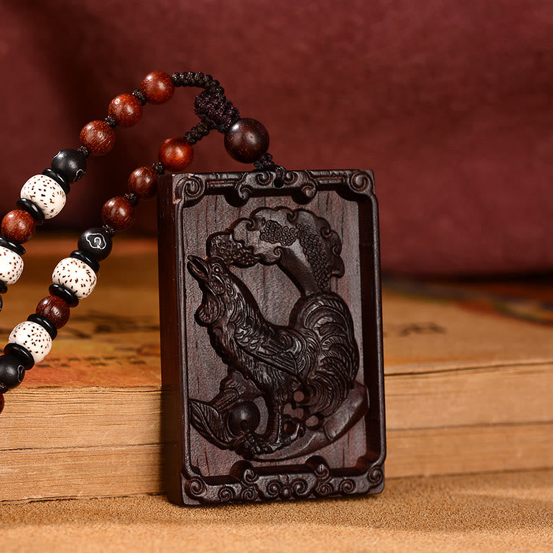 Small Leaf Red Sandalwood Chinese Zodiac Necklace for Calmness