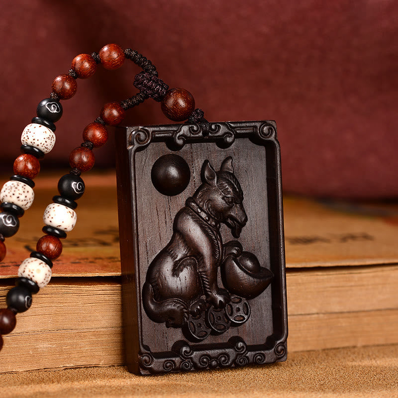 Small Leaf Red Sandalwood Chinese Zodiac Necklace for Calmness