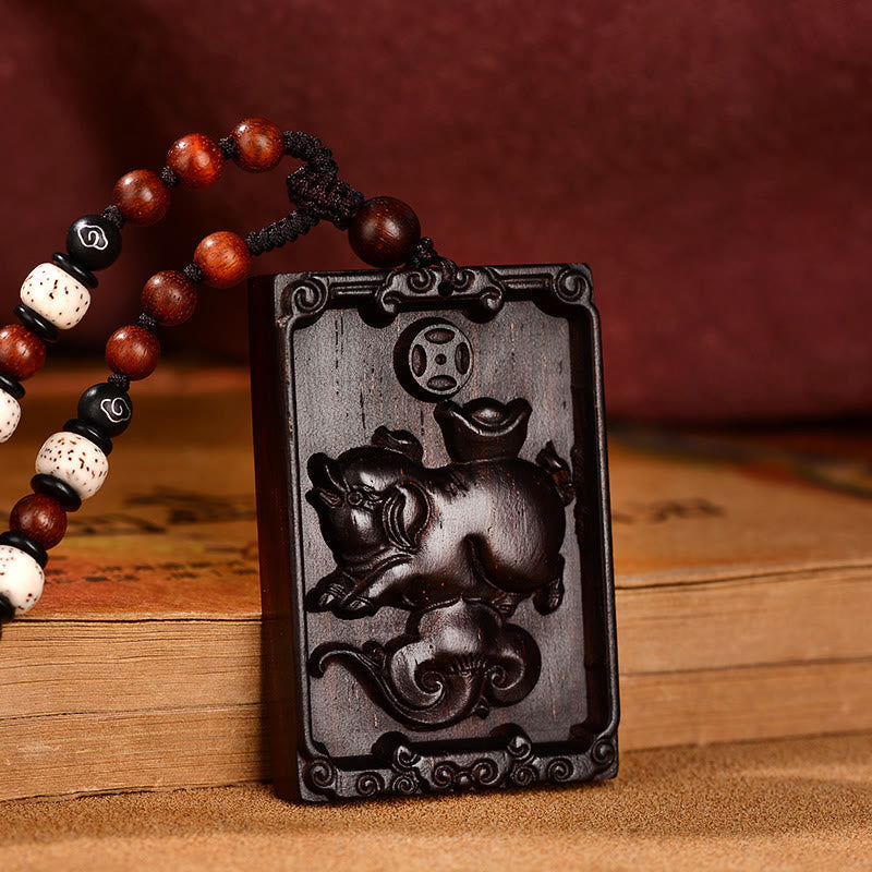 Small Leaf Red Sandalwood Chinese Zodiac Necklace for Calmness