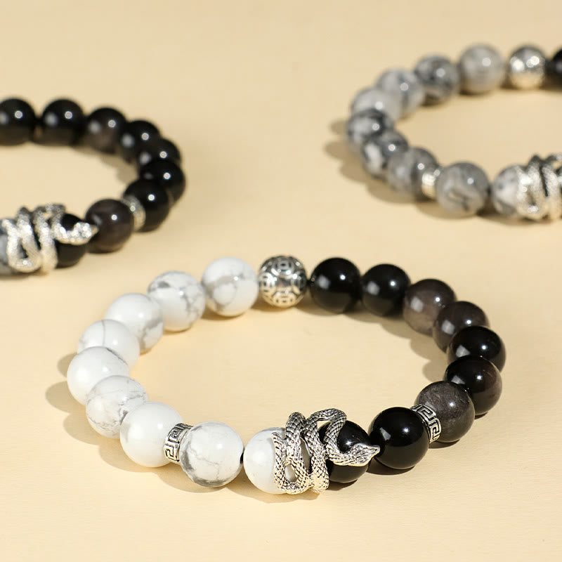 8mm Silver Sheen Obsidian White Turquoise Protection Bracelet for Snake Year 2025