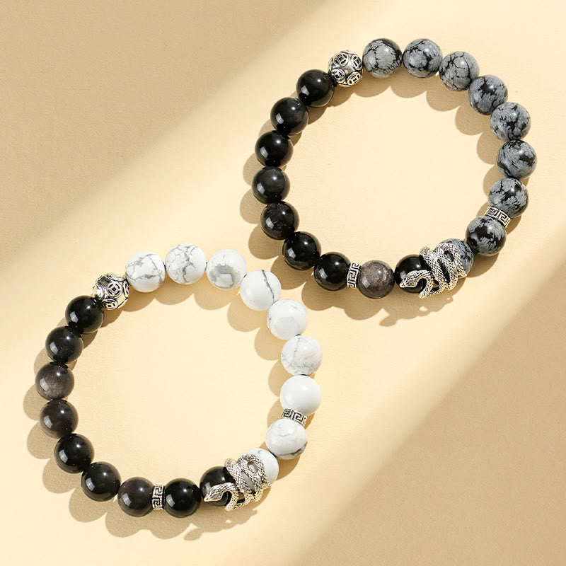 8mm Silver Sheen Obsidian White Turquoise Protection Bracelet for Snake Year 2025