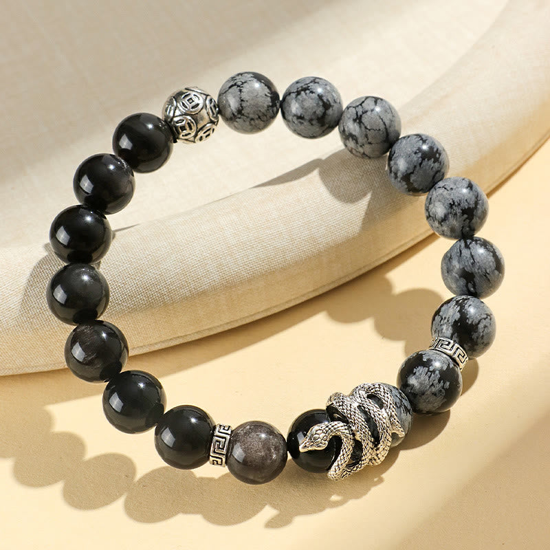 8mm Silver Sheen Obsidian White Turquoise Protection Bracelet for Snake Year 2025