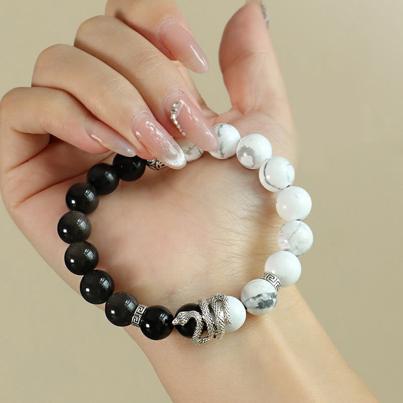 8mm Silver Sheen Obsidian White Turquoise Protection Bracelet for Snake Year 2025