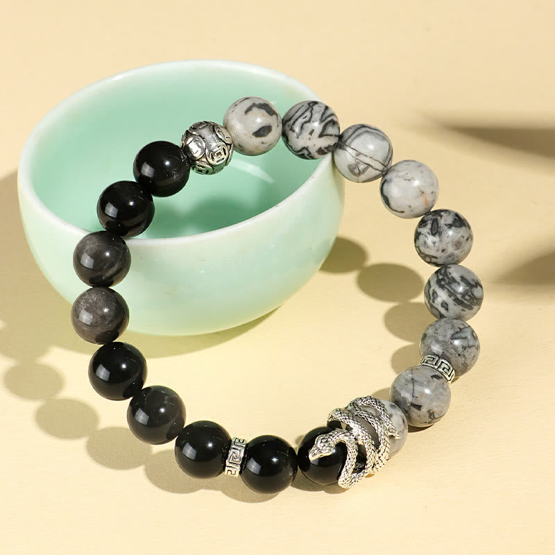 8mm Silver Sheen Obsidian White Turquoise Protection Bracelet for Snake Year 2025
