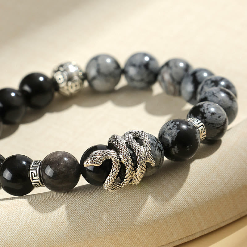 8mm Silver Sheen Obsidian White Turquoise Protection Bracelet for Snake Year 2025