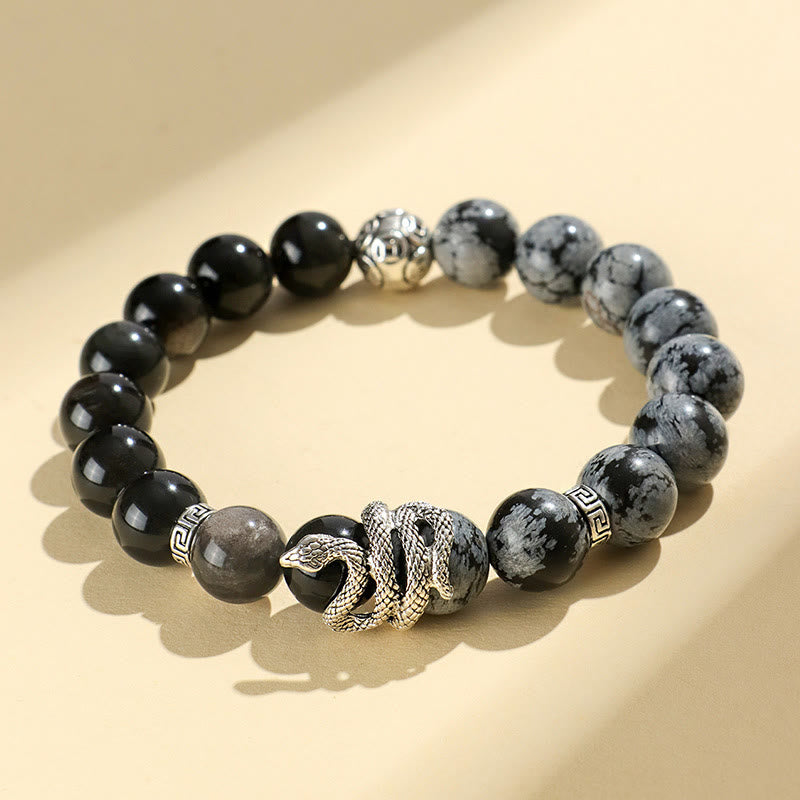 8mm Silver Sheen Obsidian White Turquoise Protection Bracelet for Snake Year 2025