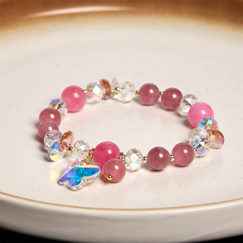14-16cm Strawberry Quartz Love Bracelet with Pink & White Crystals