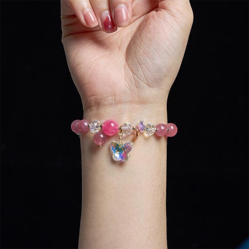 14-16cm Strawberry Quartz Love Bracelet with Pink & White Crystals
