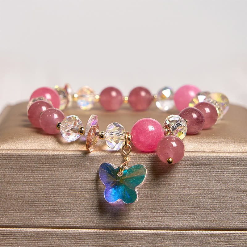 14-16cm Strawberry Quartz Love Bracelet with Pink & White Crystals