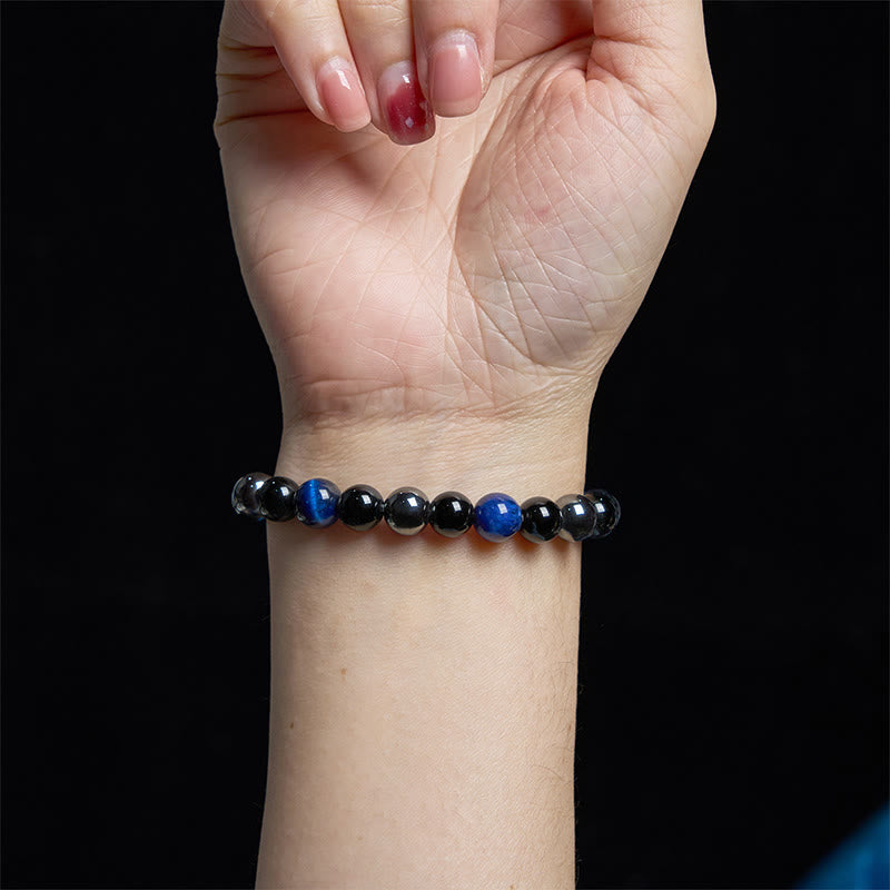 8mm Mens Yellow Tiger Eye Obsidian Hematite Bracelet for Protection