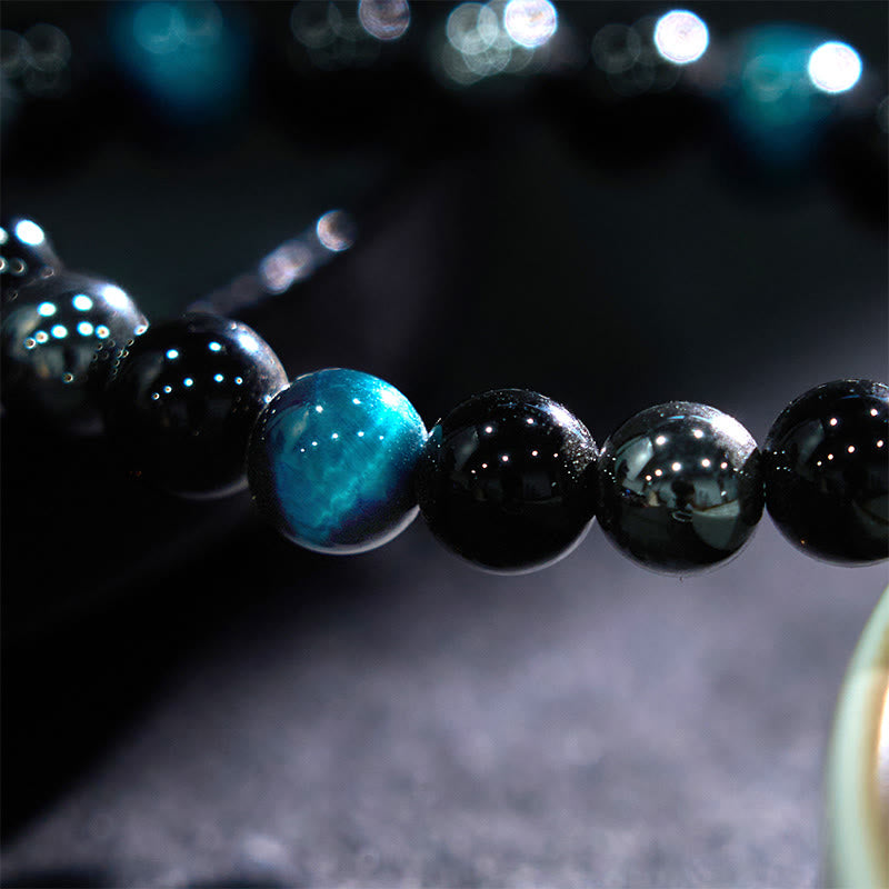 8mm Mens Yellow Tiger Eye Obsidian Hematite Bracelet for Protection