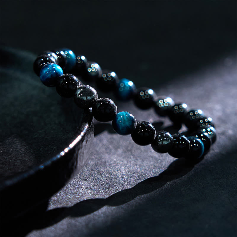 8mm Mens Yellow Tiger Eye Obsidian Hematite Bracelet for Protection
