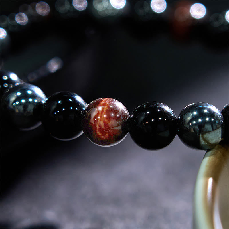 8mm Mens Yellow Tiger Eye Obsidian Hematite Bracelet for Protection
