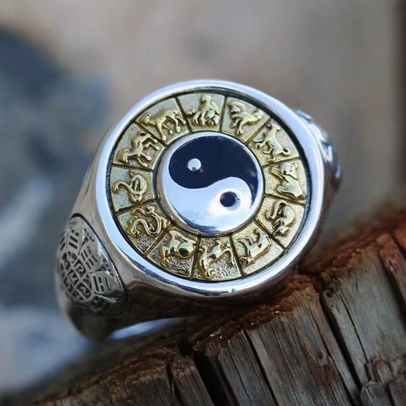 Adjustable Copper Yin Yang Ring with Chinese Zodiac for Wealth