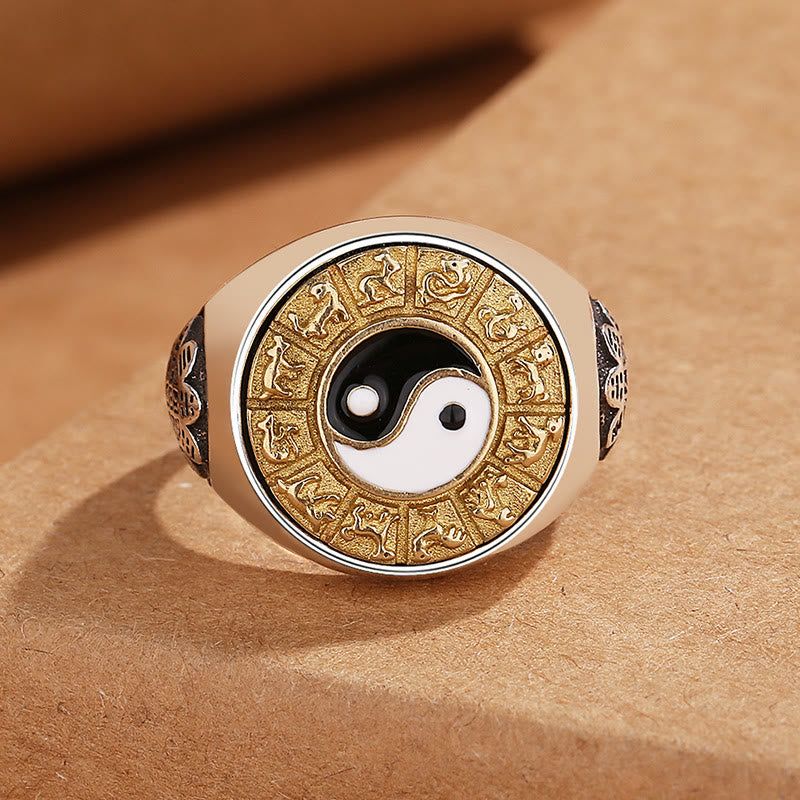 Adjustable Copper Yin Yang Ring with Chinese Zodiac for Wealth