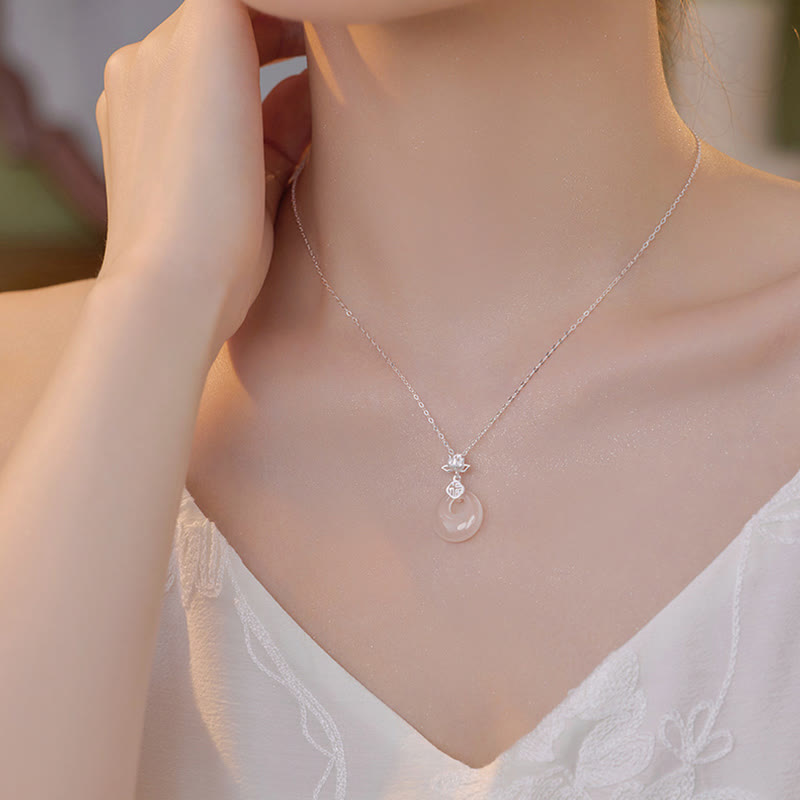 Chalcedony Lotus Pendant Necklace in 925 Sterling Silver for Peace