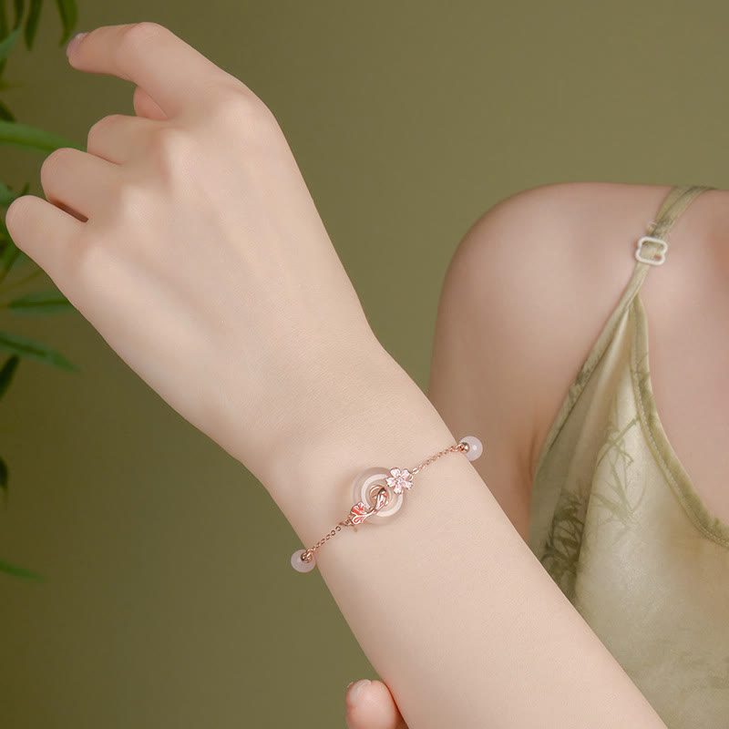 Pink Chalcedony Sterling Silver Koi Fish Peace Bracelet