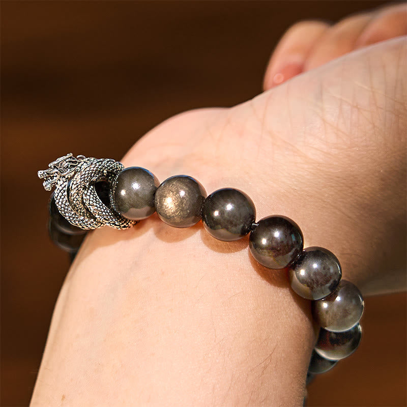 10mm Silver Sheen Obsidian Dragon Protection Bracelet