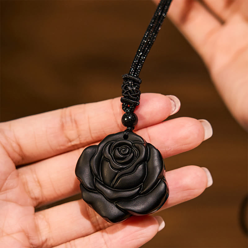 Black Obsidian Rose Pendant Necklace for Purification
