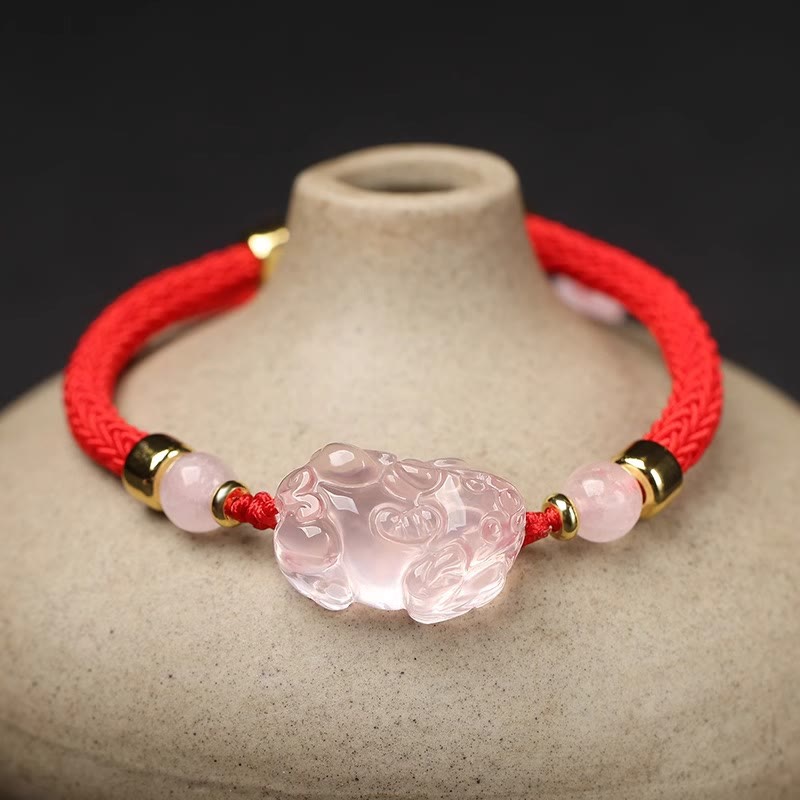 Pink Crystal PiXiu Wealth Bracelet with Red String Protection